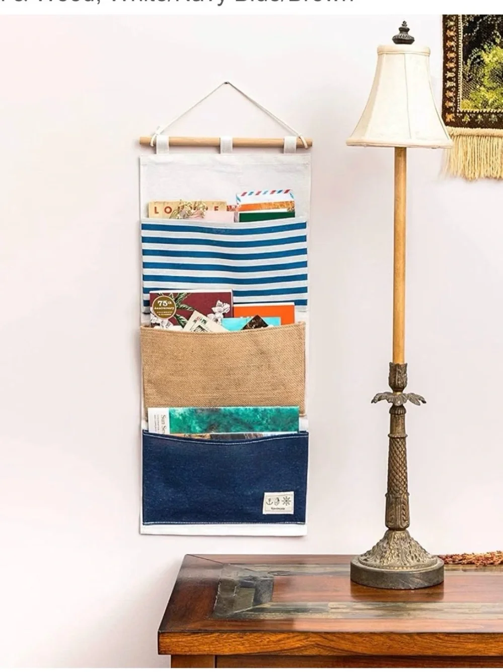 Nautical Stripe Hanging Wall Organizer in Blue and Tan